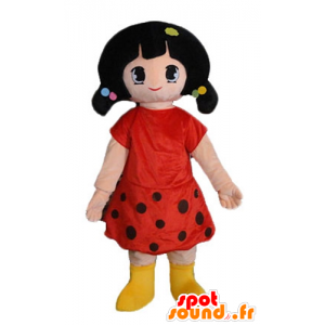 Brunette Mädchen Maskottchen in einem roten Kleid mit Tupfen gekleidet - MASFR24043 - Maskottchen-jungen und Mädchen
