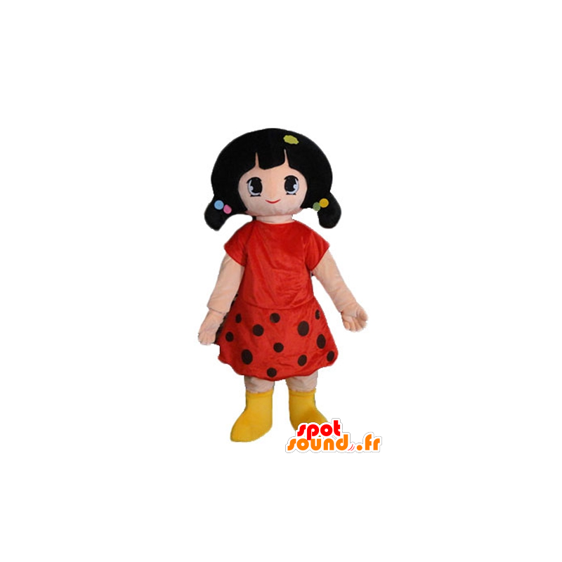 Brunette girl mascot dressed in a red dress with polka dots - MASFR24043 - Mascots boys and girls