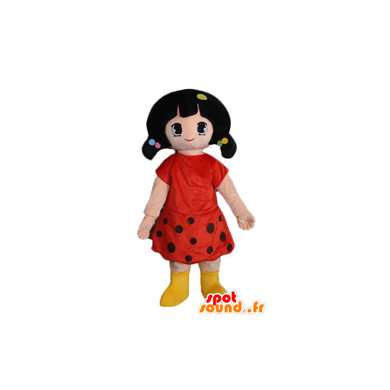 Brunette Mädchen Maskottchen in einem roten Kleid mit Tupfen gekleidet - MASFR24043 - Maskottchen-jungen und Mädchen
