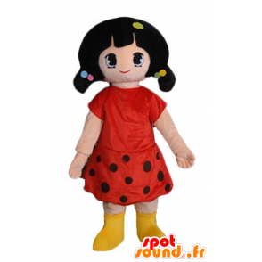 Brunette girl mascot dressed in a red dress with polka dots - MASFR24043 - Mascots boys and girls