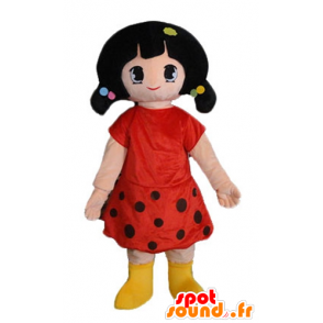 Brunette Mädchen Maskottchen in einem roten Kleid mit Tupfen gekleidet - MASFR24043 - Maskottchen-jungen und Mädchen