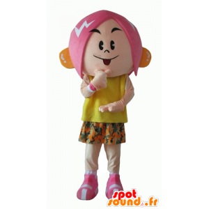 Maskottflicka med rosa hår, med en blommig outfit - Spotsound