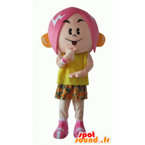 Menina mascote cabelo rosa, um vestido florido - MASFR24053 - Mascotes Boys and Girls