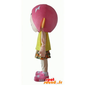 Mascotte ragazza con i capelli rosa, un vestito a fiori - MASFR24053 - Ragazze e ragazzi di mascotte