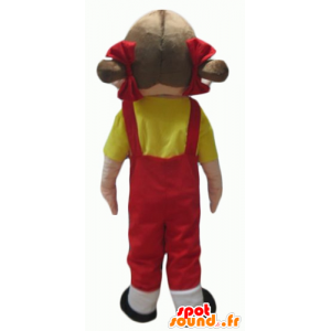 Da mascote da menina em macacões vermelhos com uma camisa amarela - MASFR24057 - Mascotes Boys and Girls