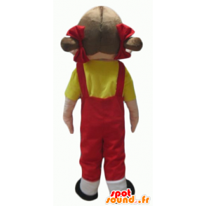 Mascotte de fille, en salopette rouge, avec un t-shirt jaune - MASFR24057 - Mascottes Garçons et Filles