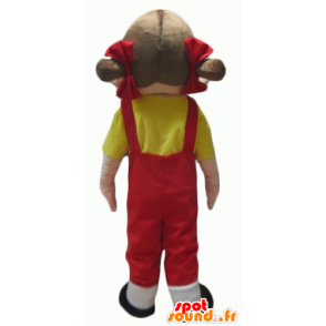 Mascotte ragazza in tuta rossa con una t-shirt gialla - MASFR24057 - Ragazze e ragazzi di mascotte