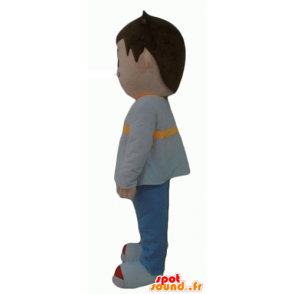Lille dreng maskot, klædt i grå, blå og gul - Spotsound maskot