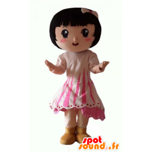 Mascot brunette jente med en rosa kjole - MASFR24070 - Maskoter gutter og jenter