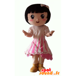 Mascotte de petite fille brune avec une robe rose - MASFR24070 - Mascottes Garçons et Filles