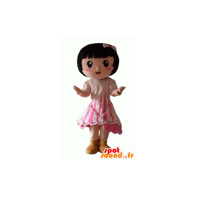 Mascot lille brunette pige med en lyserød kjole - Spotsound