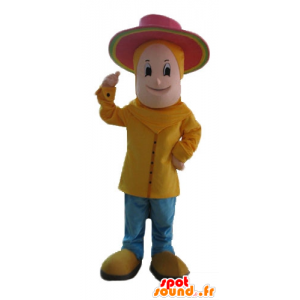 Pojkemaskot klädd i gult, med en rosa hatt - Spotsound maskot