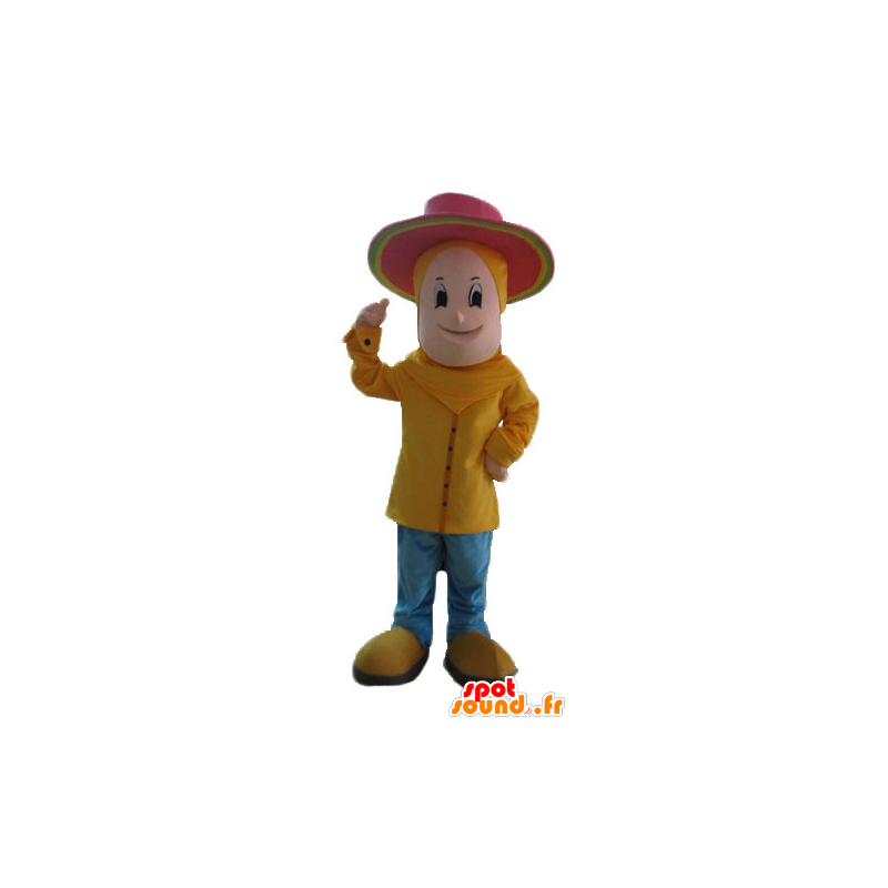 Drengemaskot klædt i gul med en lyserød hat - Spotsound maskot