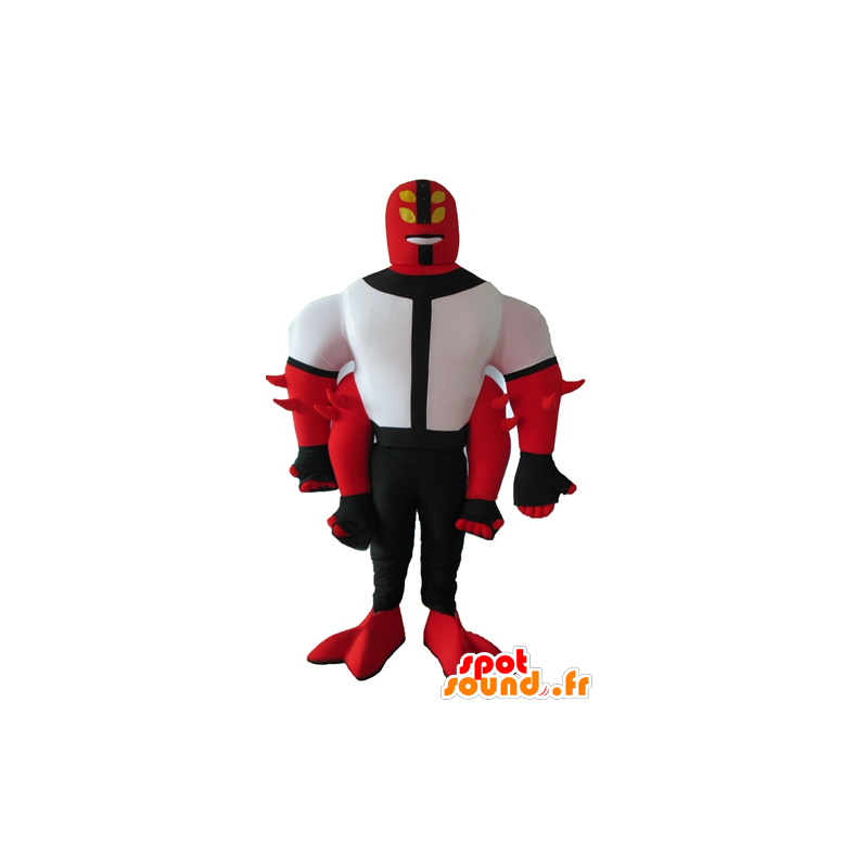 Maskot væsen rød, hvid og sort, 4 arme - Spotsound maskot