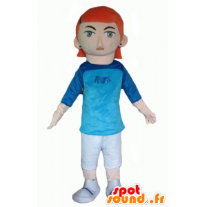 Mascotte de fille rousse, avec une tenue blanche et bleue - MASFR24080 - Mascottes Garçons et Filles