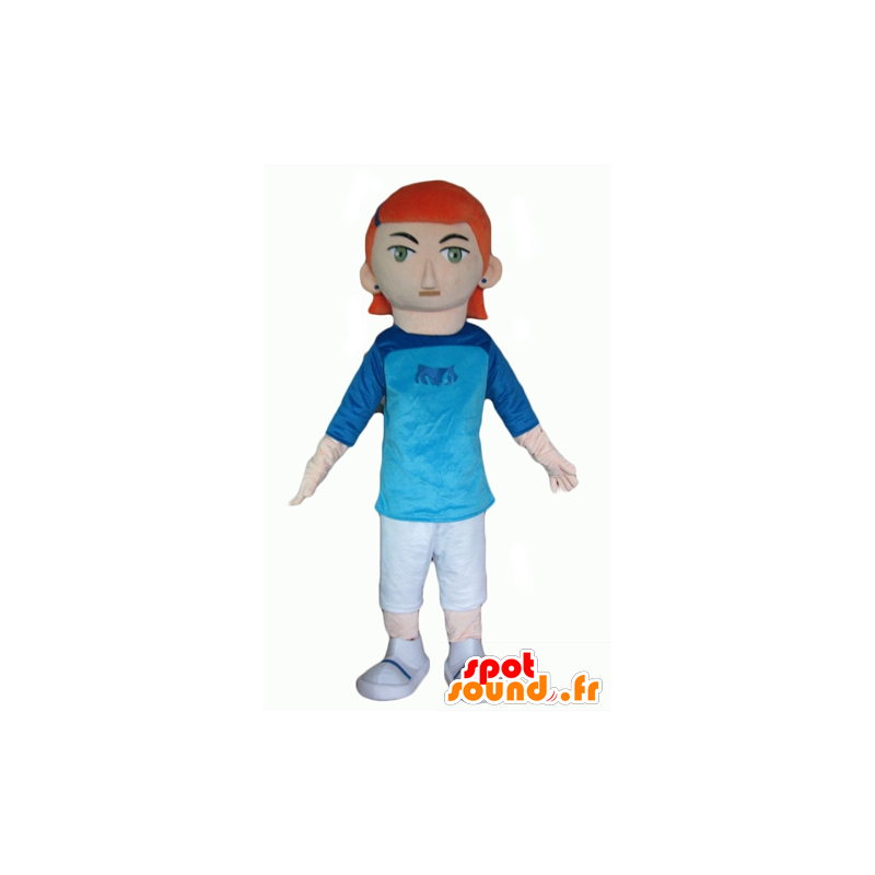 Mascotte de fille rousse, avec une tenue blanche et bleue - MASFR24080 - Mascottes Garçons et Filles