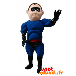 Mascote super-herói no vestido azul e preto com uma faixa - MASFR24085 - super-herói mascote