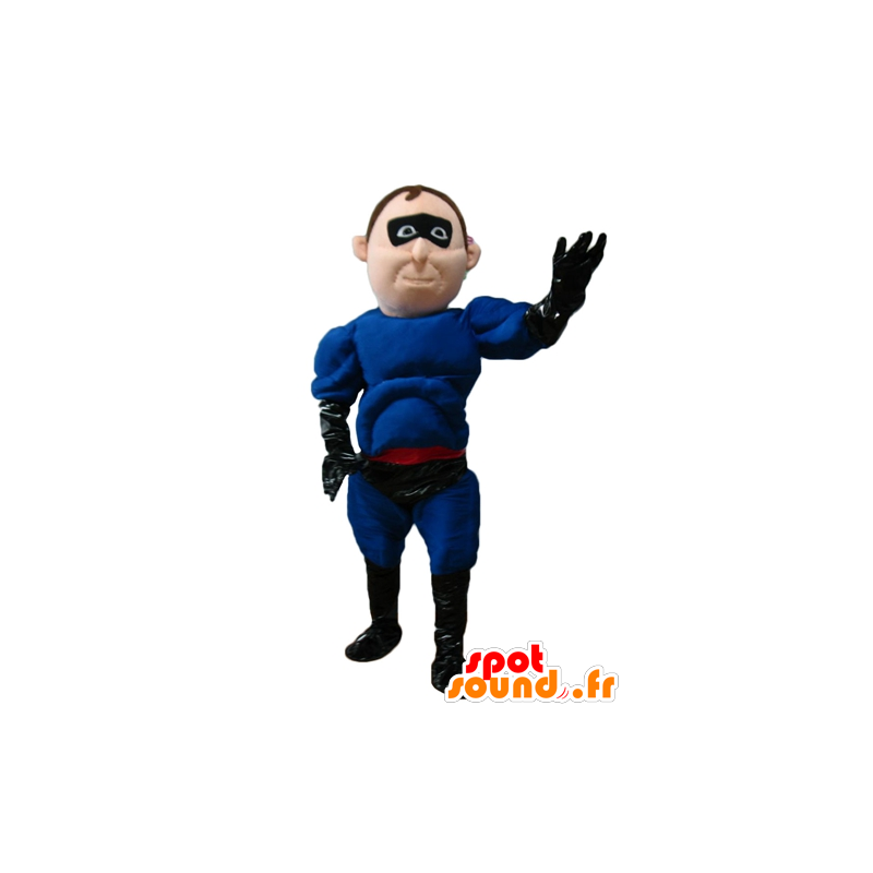 Mascote super-herói no vestido azul e preto com uma faixa - MASFR24085 - super-herói mascote