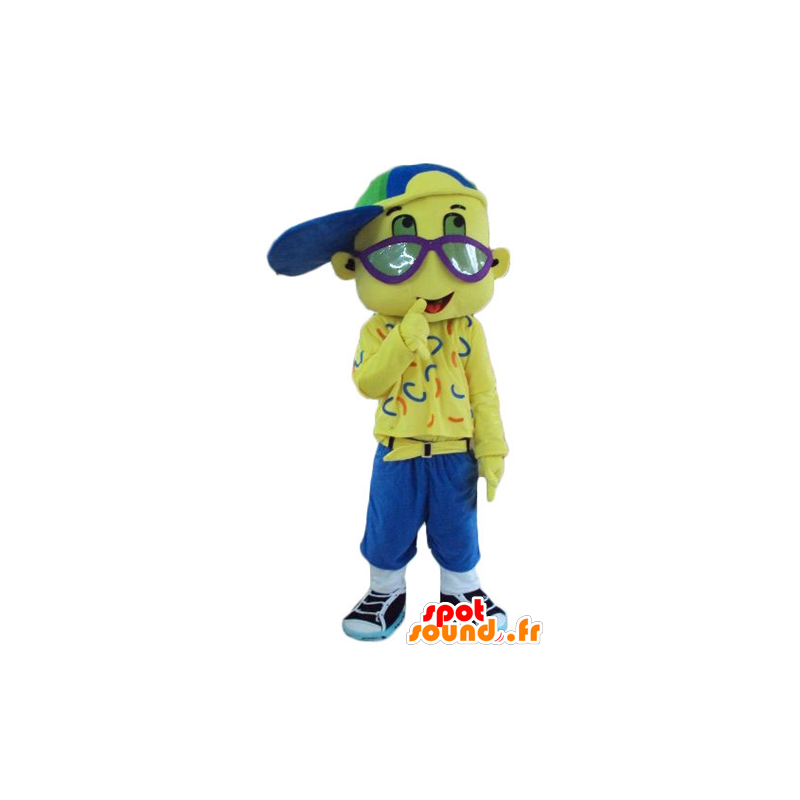 Hel gul maskot med pojke och glasögon - Spotsound maskot