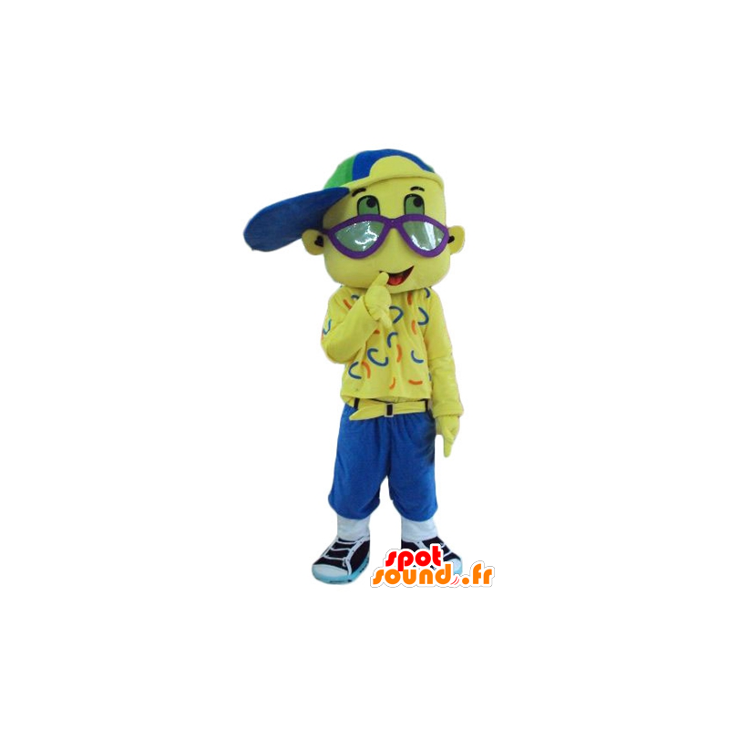 Hel maskot med gul dreng med hue og briller - Spotsound maskot Hel maskot med gul dreng med hue og briller - Spotsound maskot