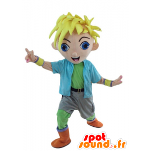 Mascot blond pojke, ung, tonåring i färgglad outfit - Spotsound