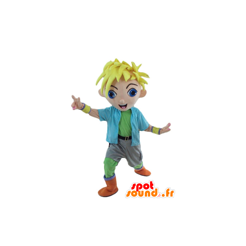 Blonde gutten maskot, ung, tenåring i fargerike antrekk - MASFR24091 - Maskoter gutter og jenter