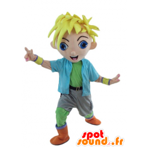Blonde gutten maskot, ung, tenåring i fargerike antrekk - MASFR24091 - Maskoter gutter og jenter