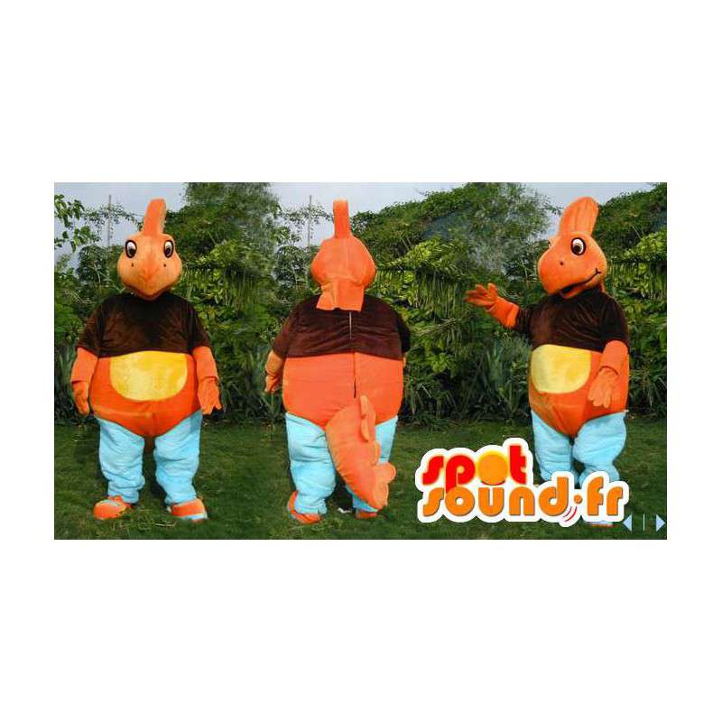 Orange dinosaur mascot, yellow, brown and blue - MASFR006611 - Mascots dinosaur