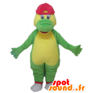 Groen en geel krokodil mascotte met een rode dop - MASFR24101 - Mascot krokodillen