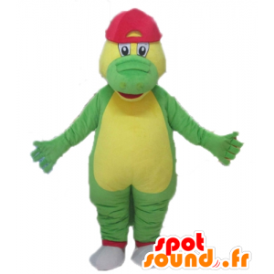 Grön och gul krokodilmaskot med en röd mössa - Spotsound maskot