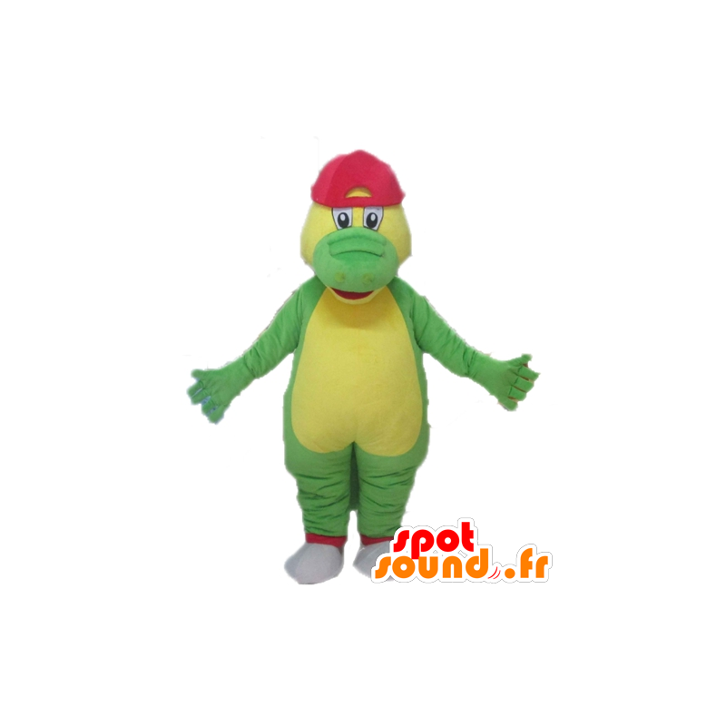 Groen en geel krokodil mascotte met een rode dop - MASFR24101 - Mascot krokodillen