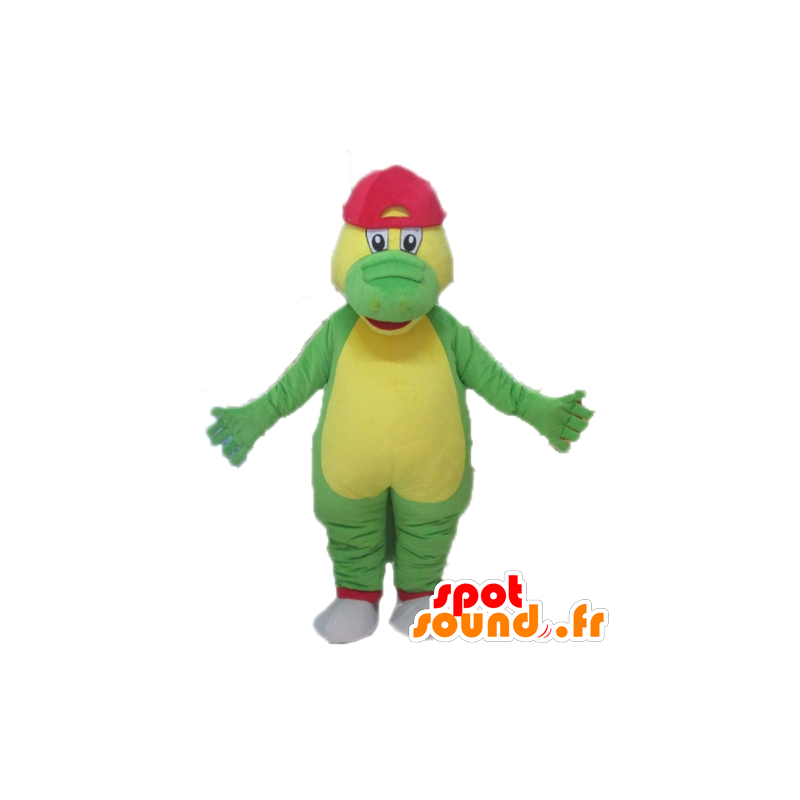 Grønn og gul krokodille maskot med en rød lue - MASFR24101 - Mascot krokodiller