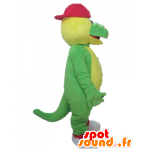 Grüne und gelbe Krokodil-Maskottchen mit einem roten Hut - MASFR24101 - Maskottchen der Krokodile