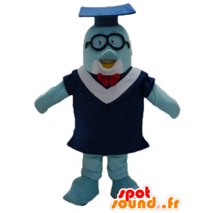 Mascote azul Dolphin com uma toga e um boné de estudante - MASFR24103 - Dolphin Mascot