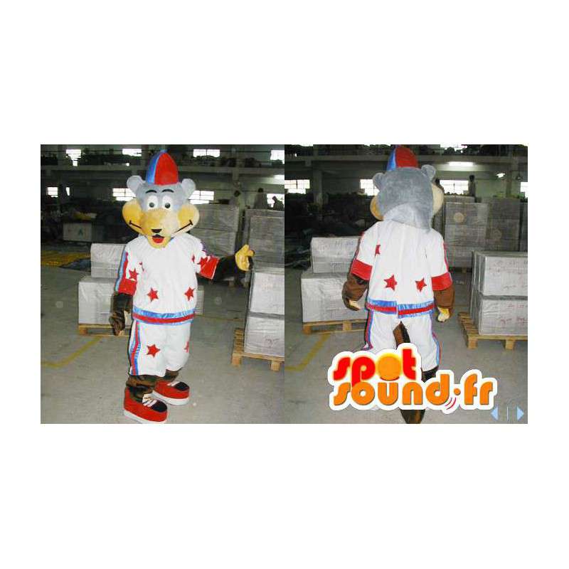 Maskot medvěd hnědý, šedé a béžové šaty přehlídka - MASFR006613 - Bear Mascot