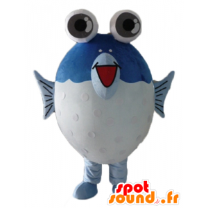 Maskot stor blå och vit fisk, med stora ögon - Spotsound maskot