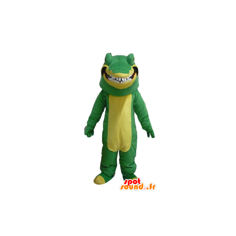 Grøn og gul krokodille maskot, meget realistisk og skræmmende -