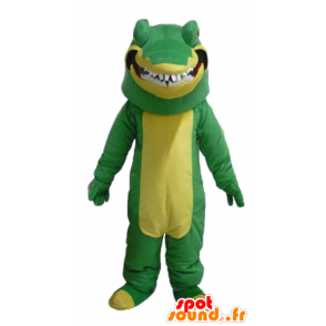 Grön och gul krokodilmaskot, mycket realistisk och skrämmande -