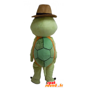 Maskottchen grüne Schildkröte und orange, mit einem Cowboy-Hut - MASFR24115 - Maskottchen-Schildkröte