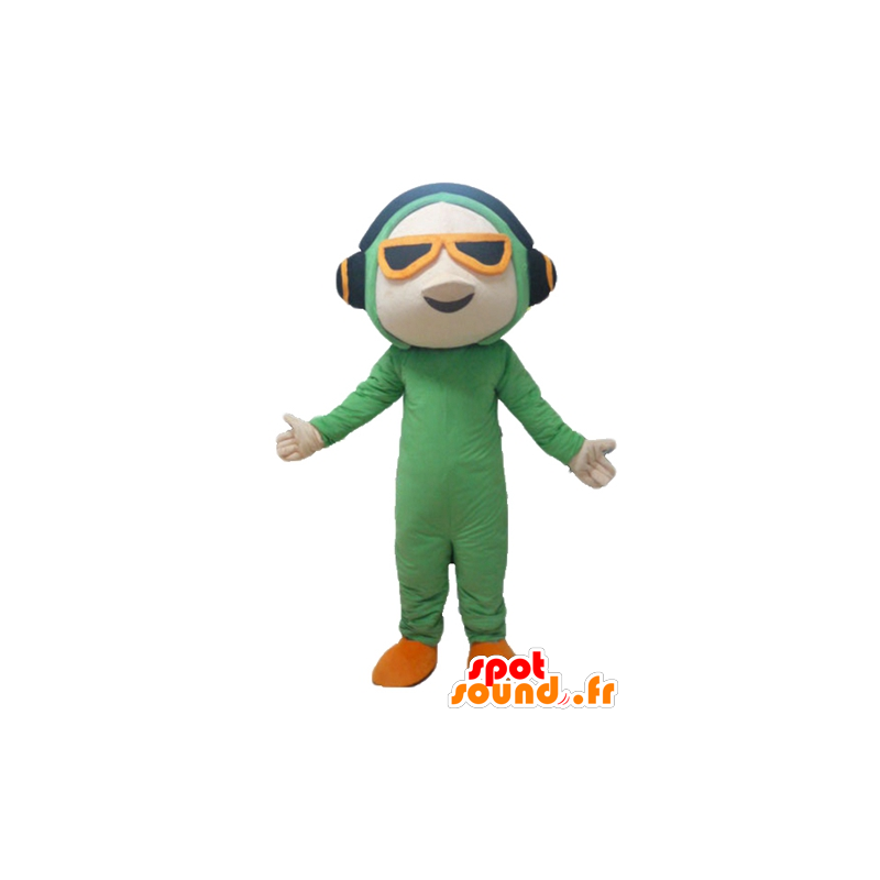Maskotman i grön overall, med hörlurar - Spotsound maskot