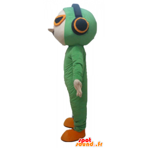 Maskotman i grön overall, med hörlurar - Spotsound maskot