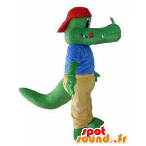 Groene krokodil mascotte gekleed in geel en blauw - MASFR24120 - Mascot krokodillen