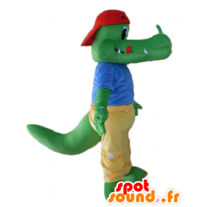 Grøn krokodille maskot klædt i gul og blå - Spotsound maskot