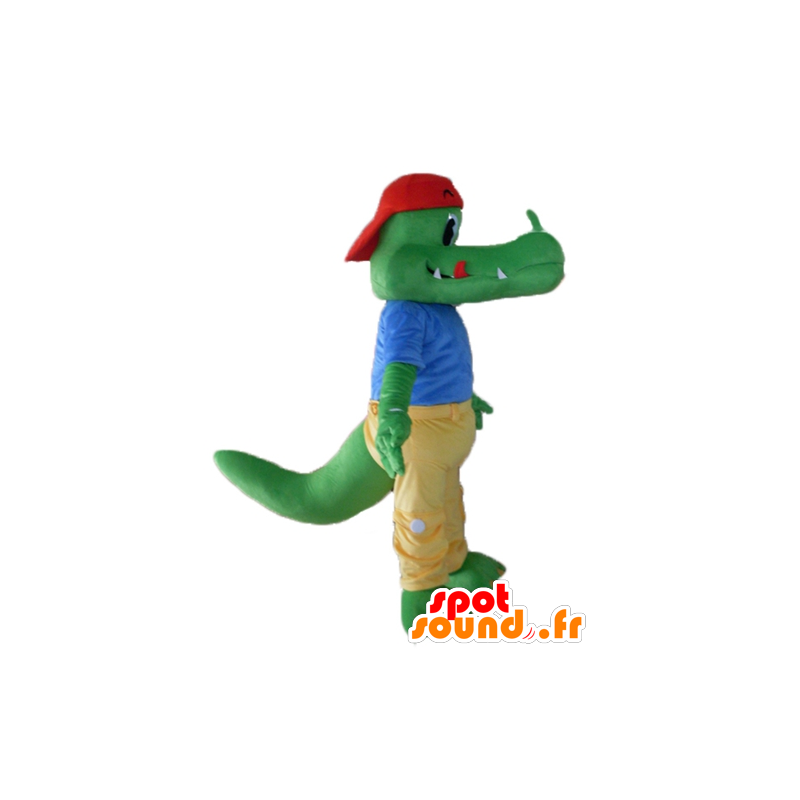Groene krokodil mascotte gekleed in geel en blauw - MASFR24120 - Mascot krokodillen