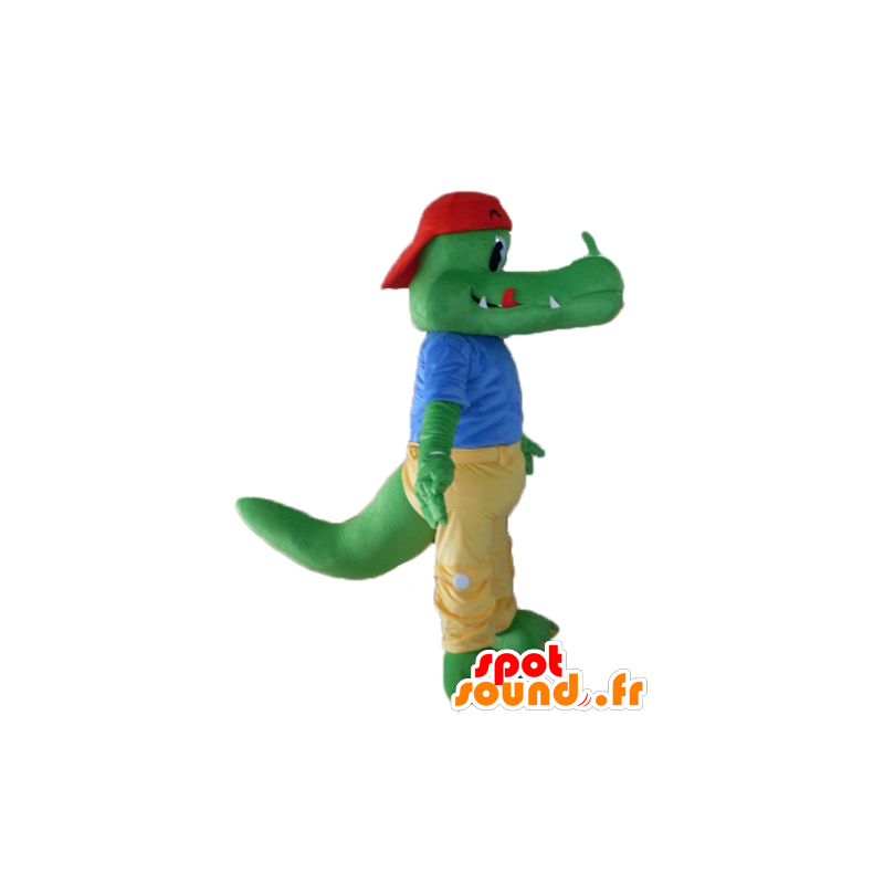 Mascotte de crocodile vert habillé en jaune et bleu - MASFR24120 - Mascotte de crocodiles