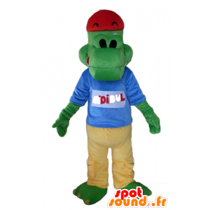 Green crocodile mascot dressed in yellow and blue - MASFR24120 - Mascot of crocodiles