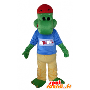 Groene krokodil mascotte gekleed in geel en blauw - MASFR24120 - Mascot krokodillen