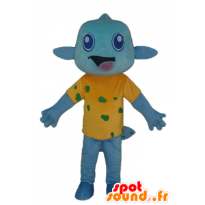 Blauwe vis mascotte, met een geel shirt, zeer glimlachen - MASFR24125 - Fish Mascottes