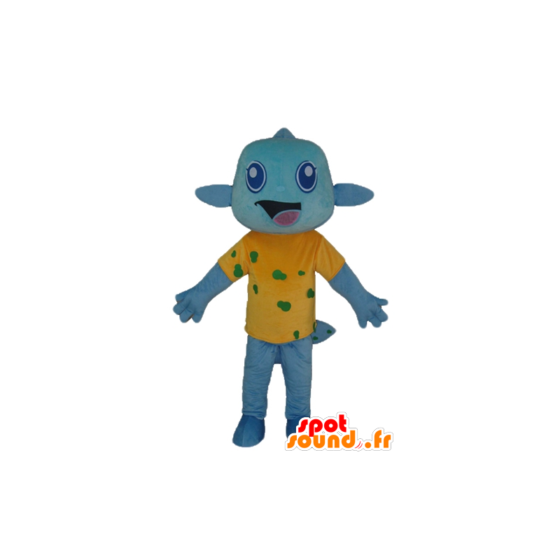 Azul mascote peixe, com uma camisa amarela, muito sorridente - MASFR24125 - mascotes peixe