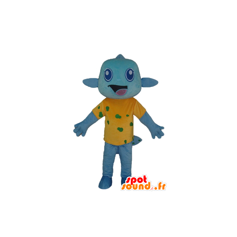 Blue fish mascot, with a yellow shirt, very smiley - MASFR24125 - Mascots fish